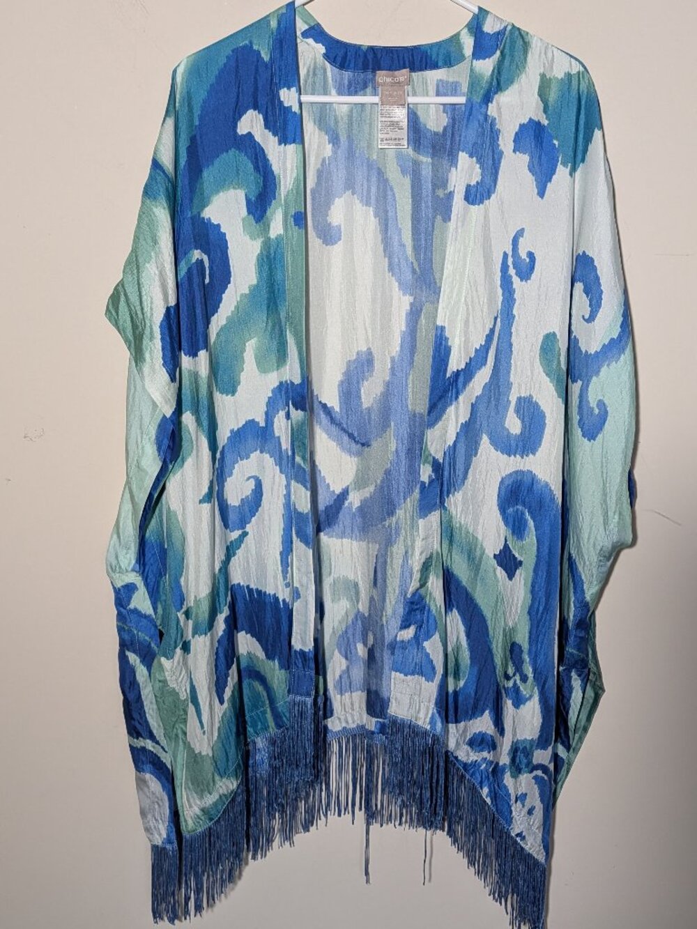 Chicos 100% Silk Abstract Print Fringed Kimono OS Blue